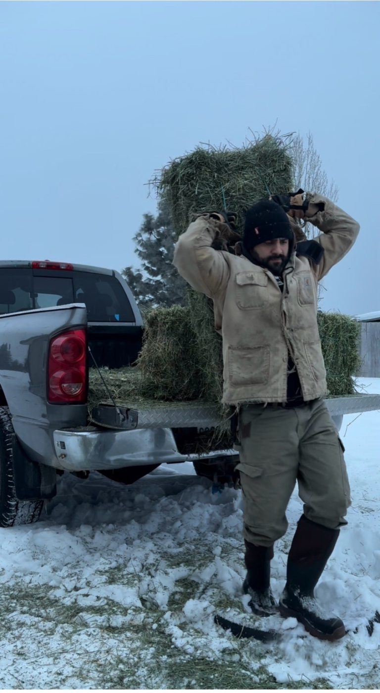 egistered Dietitian Franco Lopez carrying hay on his farm, illustrating the connection between strength, muscle, and metabolic health.